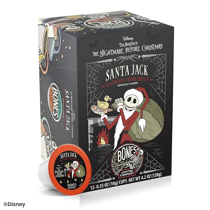 Bones Coffee Company Santa Jack, Cranberry Creme Brulee Flavored Coffee Pods, Low Acid Medium Roast Single-Serve Bones Cups for K-Cups Coffee Maker from The Nightmare Before Christmas, 12 Count