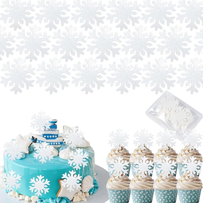 50pcs Edible Snowflake Cupcake Toppers ??Edible Cake Decorations & Snowflake Cake Decorations for Christmas, Winter & Any Party (White)