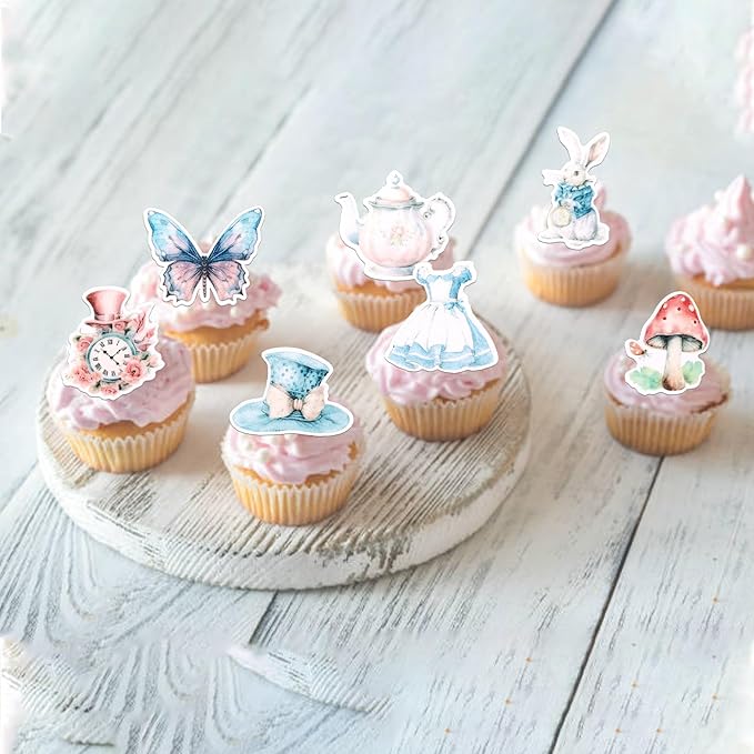 60 PCS Edible Alice in Wonderland Cupcake Toppers Tea Party Cake Decorations Edible Butterfly Flower Bowl Key Clock Eat Me Cupcake Picks for Tea Party Baby Shower Birthday Party Decorations Supplies