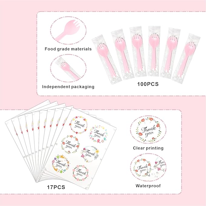 100 PCS Aluminium Foil Baking Cups, Mini Cake Pans with Lids and 100 PCS Spoons, 5 oz Disposable Baking Cups Foil Ramekins For Party Birthday Wedding Valentines (Pink)