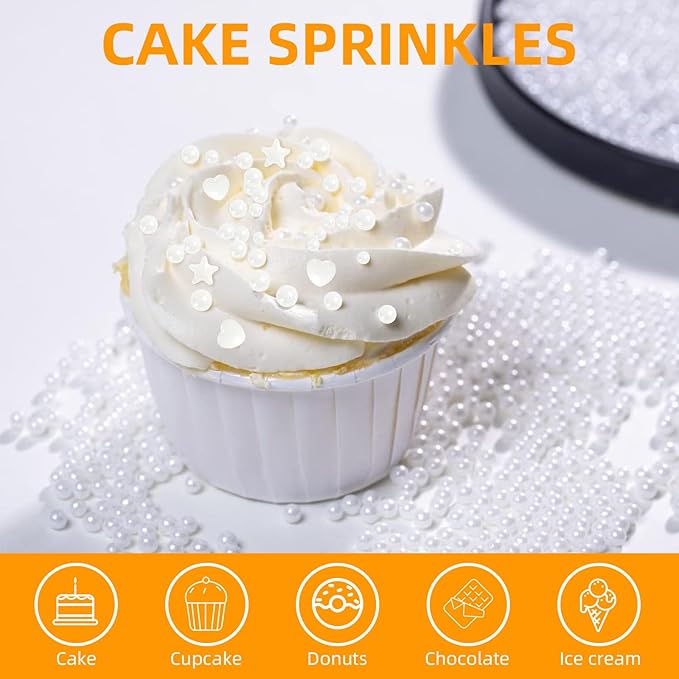 Kasvan White Pearl Sugar Sprinkles, 6 Sizes Mix for Cake Decorating, 230g/8.1oz, Ice Cream Toppings and Cookie Decorating, Wedding Party Chirstmas Supplies (White)