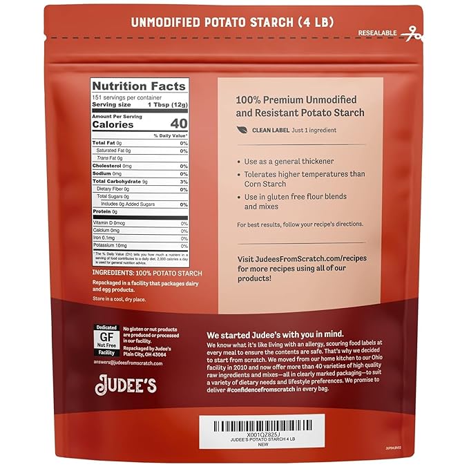Judee’s Unmodified Potato Starch 4 lb - Just One Ingredient - Great for Breading, Thickening, Cooking, and Baking - 100% Non-GMO, Gluten-Free, and Nut-Free - Resistant to High Temperatures