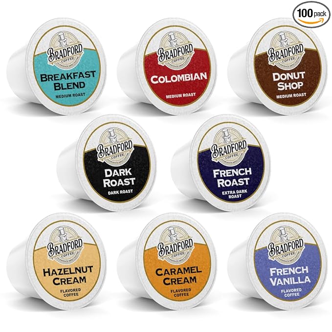 100ct Variety Pack for Keurig K-cups®, 8 Assorted Single Cup Sampler 20% more coffee per cup by Bradford Coffee
