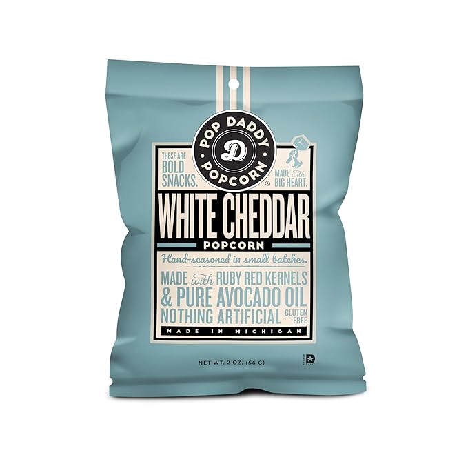 Pop Daddy Flavored Popcorn Gourmet, White Cheddar Flavor Popped Popcorn, Hand Seasoned Ruby Red Kernels, Gluten Free Healthy Popcorn Snacks, 6oz Individual Bags, 3 Pack