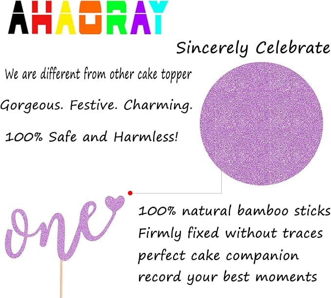 First Birthday Cake Topper - Light Purple Glitter Love One Birthday Cake Decorating Supplies, Perfect for Baby Shower/Gender Revealing Party/Baby Party Photo Booth Props