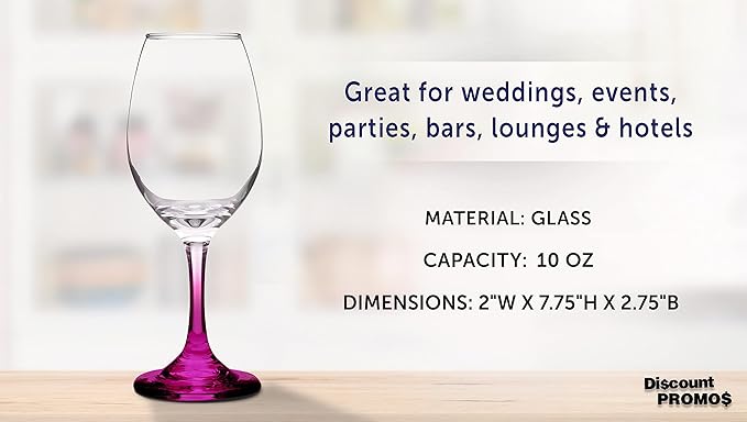 DISCOUNT PROMOS Rioja Wine Glasses with Stem 10 oz. Set of 10, Bulk Pack - Color Bottom, Perfect for Wedding, Party Favors, Birthday, Bridal Shower Gifts - Pink