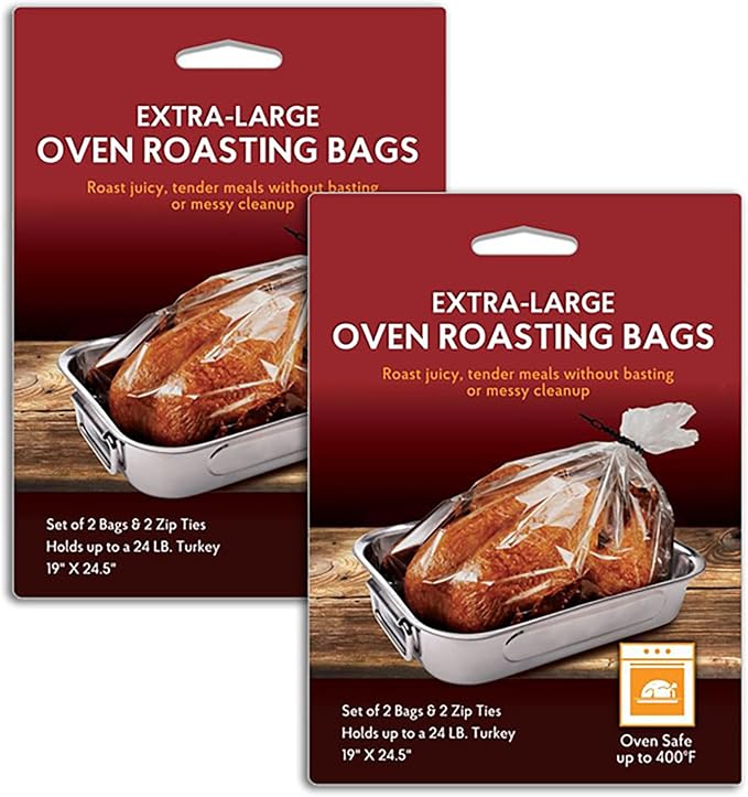 HIC Kitchen Roasting Extra-Large Oven Roasting Bags with Zip Ties, Holds 24-Pound Turkey, Set of 4 Bags and 4 Bag Ties