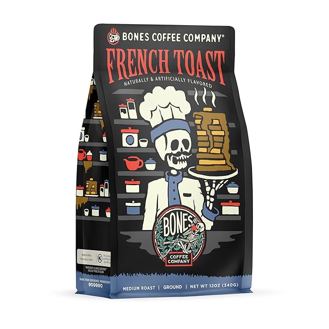 Bones Coffee Company French Toast, Sweet and Buttery Flavored Coffee, Medium Roast Low Acid Arabica Beans Compatible with Auto drip and French Press Coffee Maker, 12 Oz Ground