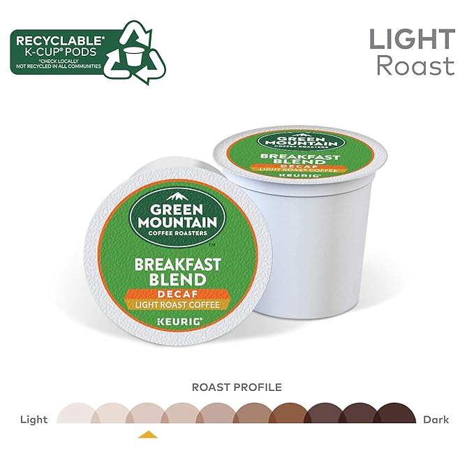 Green Mountain Coffee Roasters Decaf Breakfast Blend, Single-Serve Keurig K-Cup Pods, Light Roast Coffee, 32 Count (Pack of 4)