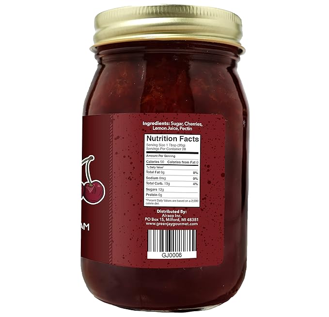 Green Jay Gourmet Cherry Jam - All-Natural Fruit Jam with Cherries & Lemon Juice - Vegan, Gluten-free Jam - Contains No Preservatives or Corn Syrup - Made in USA - 20 Ounces
