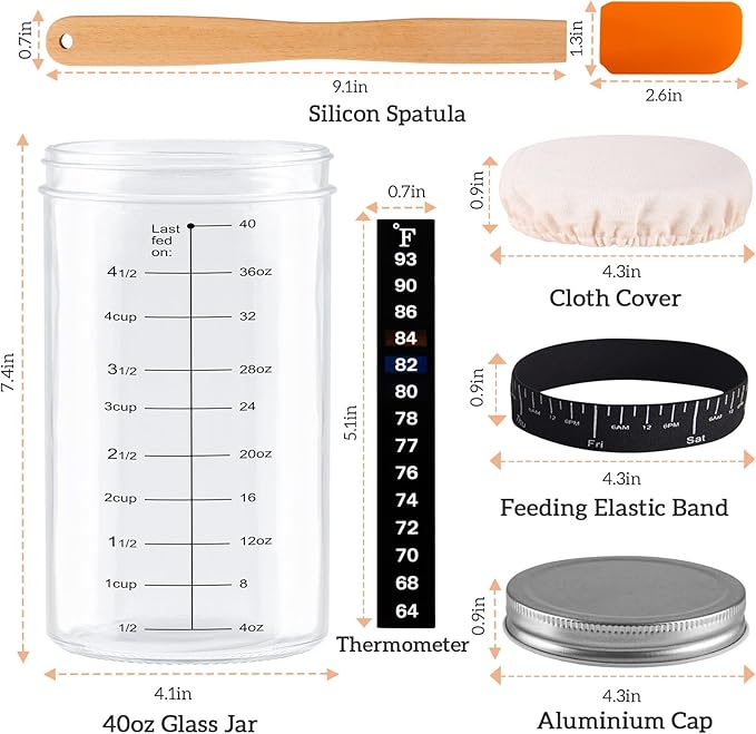 Sourdough Starter Jar Kit, 40 OZ 2 Pack Sourdough Starter Jar with Date Marked Feeding Band, Thermometer, Scraper, Sewn Cloth Cover and Metal Lid. Sour Dough Bread Baking Supplies