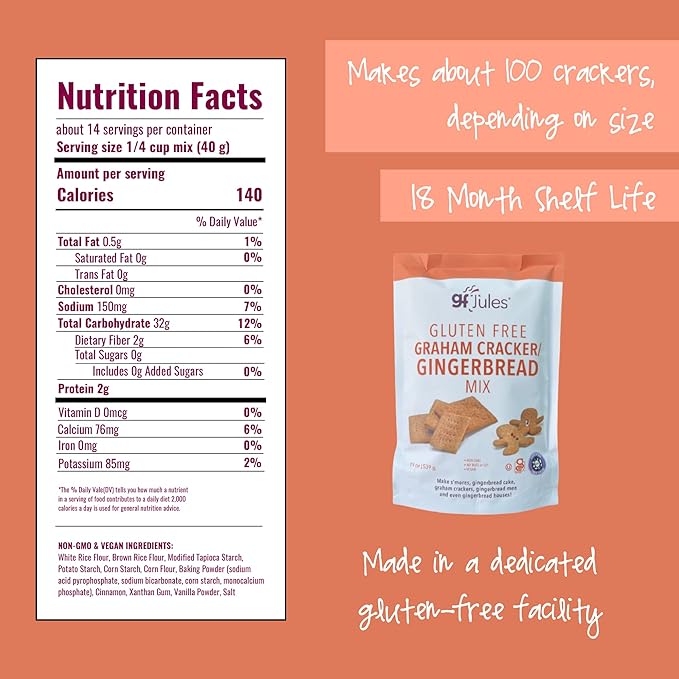 gfJules Certified Gluten Free Graham Cracker and Gingerbread Baking Mix | No Grit, Non-GMO, Vegan | Certified Top 9 Allergen-Free & Kosher | Perfect Long-Lasting Snacks | 19 Ounces