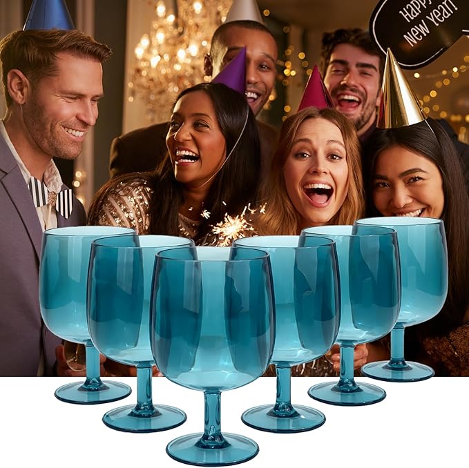 Yalin Set of 6 Unbreakable 12 oz Acrylic Plastic Wine and Water Tumbler Stackable Goblets. (Cyan, 12 oz)