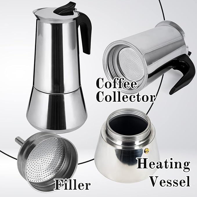 Stainless Steel Stovetop Moka Pot Espresso Maker Percolator 12 Cup 600ml Portable Italian Greca Cuban Coffee Maker for Big Family Home Office Camping, Work with Gas Electric Ceramic Stovetop