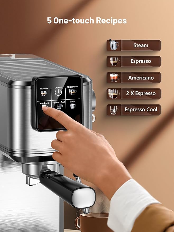 20 Bar Espresso Coffee Machine with Rapid Cold Brew Technology, Milk Frother, Touch Screen Control, Compact Water Tank, Ideal for Lattes, Cappuccinos, Americano, Home & Office Use, Stainless Steel