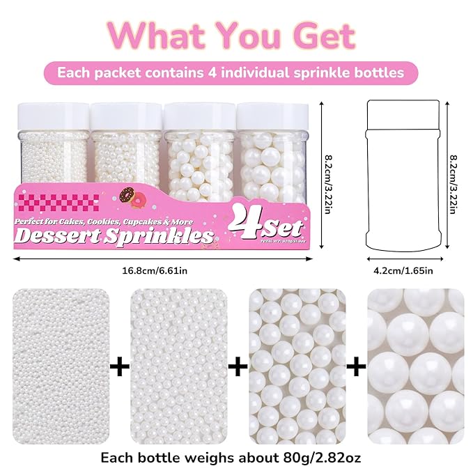 White Pearl Sprinkles for Cake Decorating, 11.3 Oz Edible Pearls Sugar 4 Sizes Gift Box Set for Baking Cookie Ice Cream Cupcake Toppings