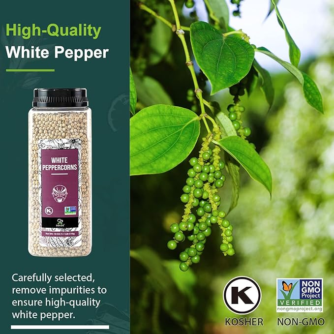Soeos White Peppercorns, 18oz (Pack of 1), Non-GMO, Kosher, Packed to Keep Peppers Fresh, Peppercorn for Grinder Refill, Whole Peppercorns