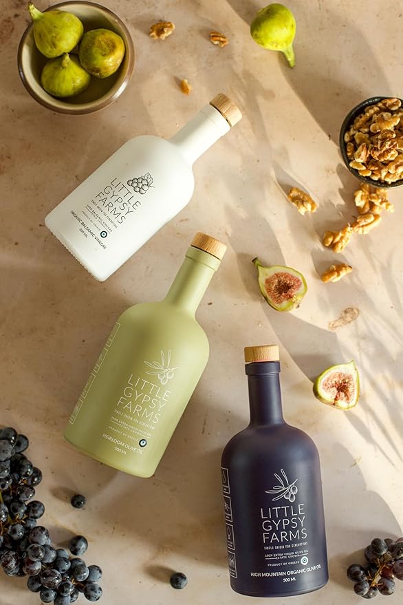 Organic Balsamic Vinegar from Little Gypsy Farms | First Cold-Pressed and Oak Barrel Aged | Notes of Fig with Strawberry Finish | Single Family Farms in Greece (350ml)