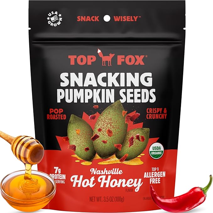 TOP FOX Snacks - Organic Pop-Roasted Pumpkin Seeds | Healthy Protein Snacks - Gluten Free - Keto and Vegan Friendly (Nashville Hot Honey, 3.5 oz - 6 Pack)