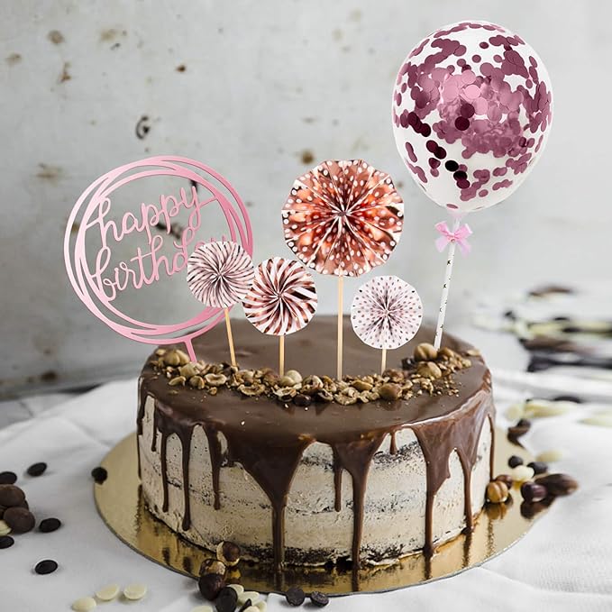BEAN LIEVE Birthday Candles Set - Cake Topper Decoration with Cake Candles Confetti Balloon Stars and Fan Cupcake Toppers 12 Pieces Birthday Cake Decor for Birthday Party Celebration (Rose gold)