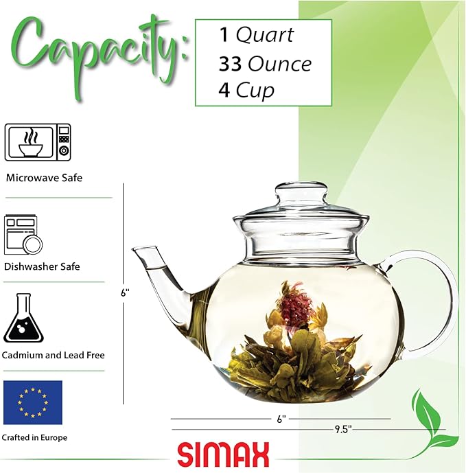 Simax Glassware 33 Ounce Glass Teapot | With Spout, Microwave and Stovetop Safe, Heat, Cold, and Thermal Shock Resistant Borosilicate Glass, Makes a Stunning Presentation??,<div>
