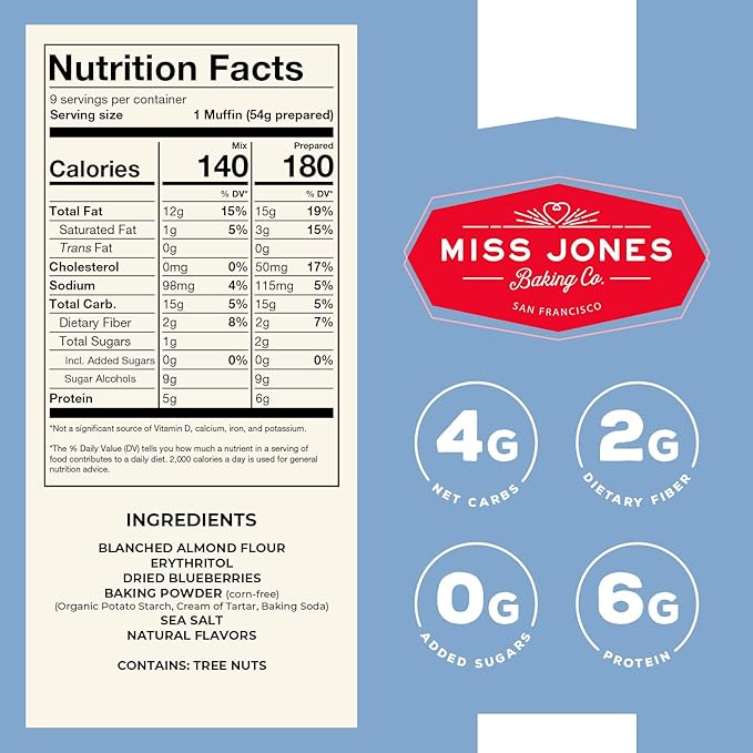Miss Jones Baking Blueberry Muffin Mix - Almond Flour, Gluten Free, Low Carb, No Sugar Added, Naturally Sweetened Desserts & Treats - Keto, Diabetic, Atkins, WW, and Paleo Friendly (Pack of 4)