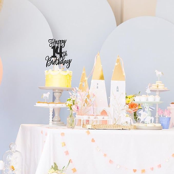 1 PCS Happy 14th Birthday Cake Topper Glitter Cheers to 14 Years Birthday Cake Pick Fourteen Hello 14 Fabulous Cake Decoration for Happy 14th Birthday Anniversary Party Decorations Supplies Black