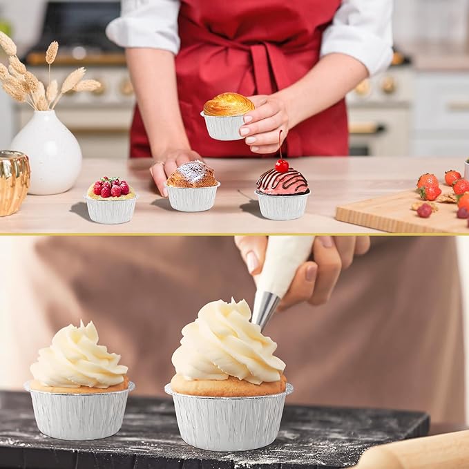 Aluminum Foil Baking Cups, 150 Pack Disposable 5 Oz Ramekins Aluminum Cupcake Muffin Liners Silver Foil Baking Cups for Egg Tart, Baking, Cupcake, Pudding, Appetize