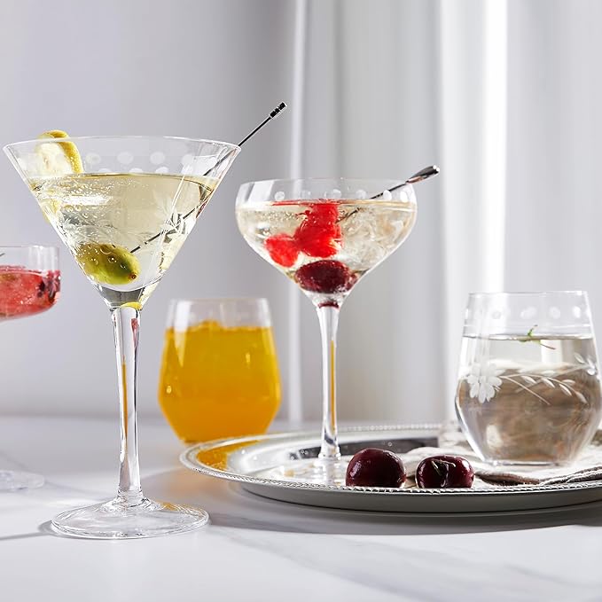 Premium Delight Coupe Glasses Set of 4, 10.8 oz – Hand-Blown with Etched Long Stem, Classic Glassware for Weddings, Dinners, and Holiday Gifting (Coupe Glasses)