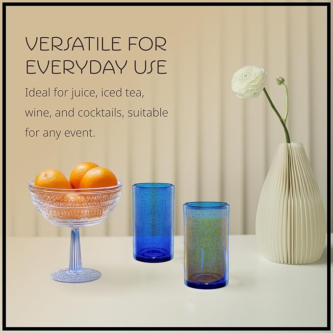 Artland 17oz Highball Tumbler, Set of 4 | Iris Seeded Design, Cobalt Blue | Drinking Glass for Parties and Everyday Use - Mojito, Whiskey, Cocktail | Glassware & Kitchenware Essentials