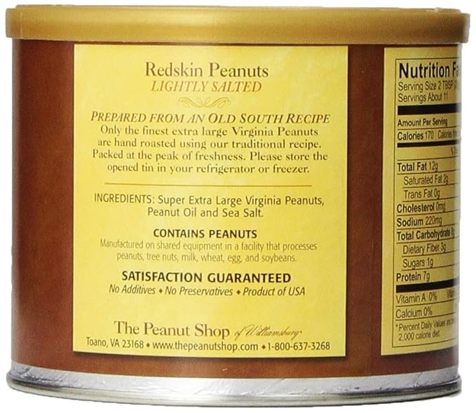 The Peanut Shop of Williamsburg Red Skinned Peanuts, Williamsburg Peanuts Gift Tin, Redskin Gift, Extra-Large Roasted & Salted, Kosher, Gluten-Free, Non-Gmo - 10.5 Oz Tin