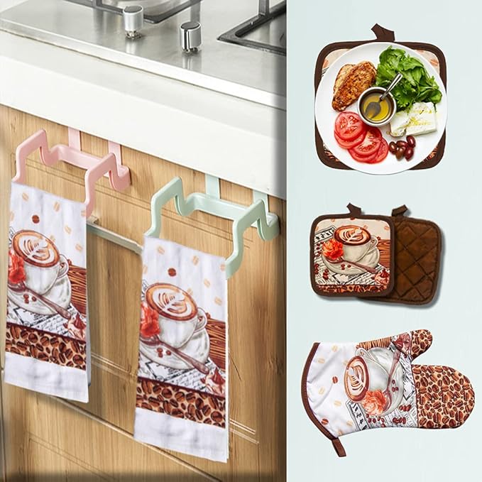 Lobyn Value Packs: 5-Piece Caf챕 Latte Kitchen Towel Set ??Quilted Oven Mitt & 2 Potholders, Perfect for Coffee Lovers