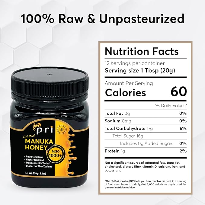 P.R.I Manuka Honey, Certified MGO 1000+, New Zealand Raw Monofloral Manuka Honey (8.8 oz / 250g)