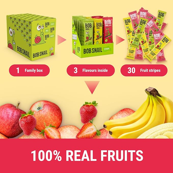 BOB SNAIL Healthy Organic Fruit Snacks for Kids and Adults ??30 Organic Fruit Leather Snacks with Apple, Banana, Strawberry ??Vegan Low-Carb Variety Pack Strips for Kids ??Sugar Free Jerky Bars