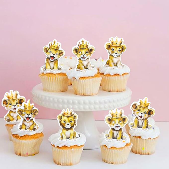 40Pcs Edible Lion Cupcake Toppers Wafer Paper Safari Animal Theme Cake Toppers Decoration for Lion Drink Topper Baby Shower Birthday Animal Theme Party Cake Decorations Supplies