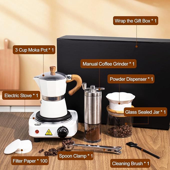 7-in-1 Moka Pot Espresso Set with Electric Stove 3 Cup Aluminum Stovetop Coffee Maker Percolator Italian Classic Mocha Coffee Machine with Hand Grinder Sealing Canister Spoon Portable Camping