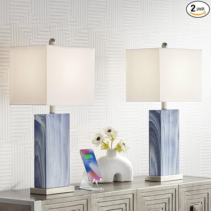 360 Lighting Connie Modern Table Lamps 25" Tall Set of 2 with USB Charging Ports Blue Faux Marble White Rectangular Shade for Bedroom Living Room House Desk Bedside Nightstand Office Family