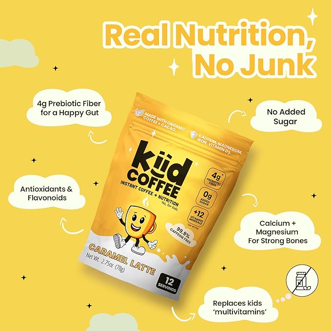 Kiid Coffee - 99.9% Caffeine-Free Organic Coffee for Kids - As Seen on Shark Tank - 12 Vitamins & Minerals, 4g Prebiotics, 0g Sugar - Non-GMO & Gluten-Free - Healthy Snack - Caramel - 12 Servings