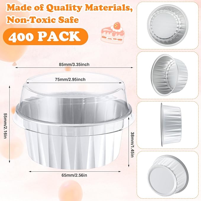 Gejoy 400 Pcs Aluminum Foil Baking Cups with Lids 5 oz Disposable Ramekins Mini Cake Pans Creme Brulee Cupcake Liners Muffin Tins Flan Mold Dessert Container for Wedding(White,Classic)