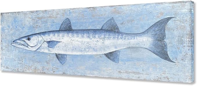Yihui Arts Blue and White Fish Canvas Wall Art ??Coastal Paintings with Textured for Living Room Bedroom Bathroom Decor