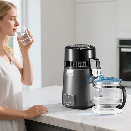 VEVOR Water Distiller, 4L 1.1 Gallon Pure Water Purifier Filter for Home Table Countertop, 750W Distilled Maker with Glass Pot, Stainless Steel Interior Drinking Machine to Make Clean Waters, Grey