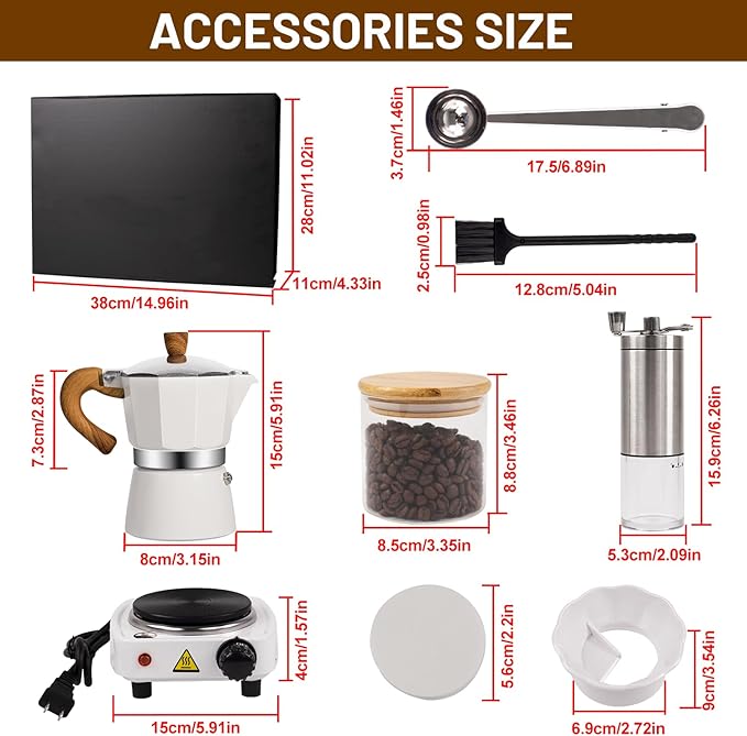7-in-1 Moka Pot Espresso Set with Electric Stove 3 Cup Aluminum Stovetop Coffee Maker Percolator Italian Classic Mocha Coffee Machine with Hand Grinder Sealing Canister Spoon Portable Camping