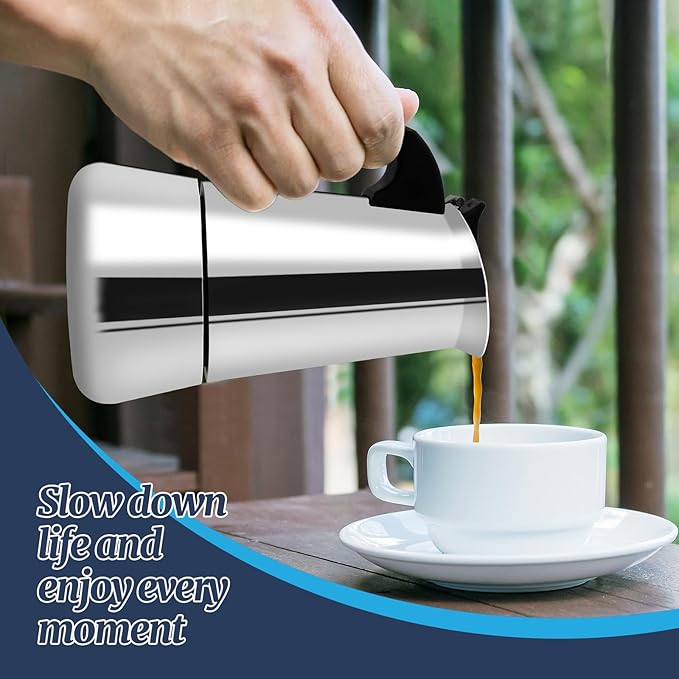 4 Cup Moka Pot Stainless Steel 200ml Italian Espresso Coffee Maker Stovetop CoffeeMakers Mocha Pot Percolator for Induction Stove Classic Cafe Makers Portable for Easy Brewing Tummy