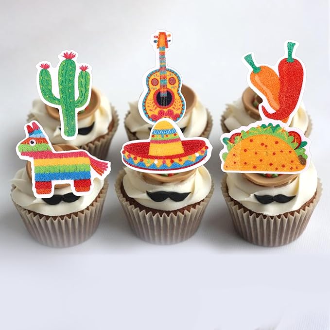 56 PCS Edible Mexican Fiesta Cupcake Toppers Cactus Donkey Maraca Sombrero Guitar Cupcake Picks Edible Mexican Fiesta Cake Decorations for Mexican Fiesta Theme Baby Shower Birthday Party Supplies