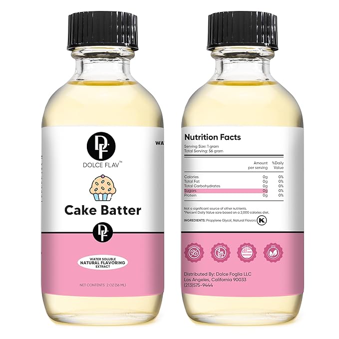 Dolce Flav Natural Cake Batter Extract ??2 Ounce Water-Soluble Kosher, Sugar-Free, Concentrated Birthday Cake Flavor for Frosting, Cupcakes & Ice Cream, Includes Measured Dropper