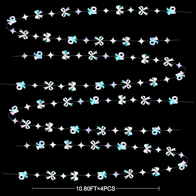 Iridescent 16th Bow Birthday Decorations Metallic Conquette Bow Garland Streamer Banner Backdrop for Girls Boys Happy 16th Birthday Sweet Sixteen Cheers to 16 Years Old Anniversary Party Supplies