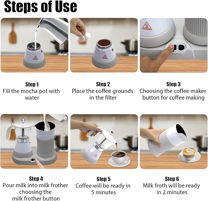 Espresso Maker with Milk Frother Electric Moka Pot 2-in-1 Espress Machine Aluminium One-Touch Operation Milk Froth Fine and Dense White 110V