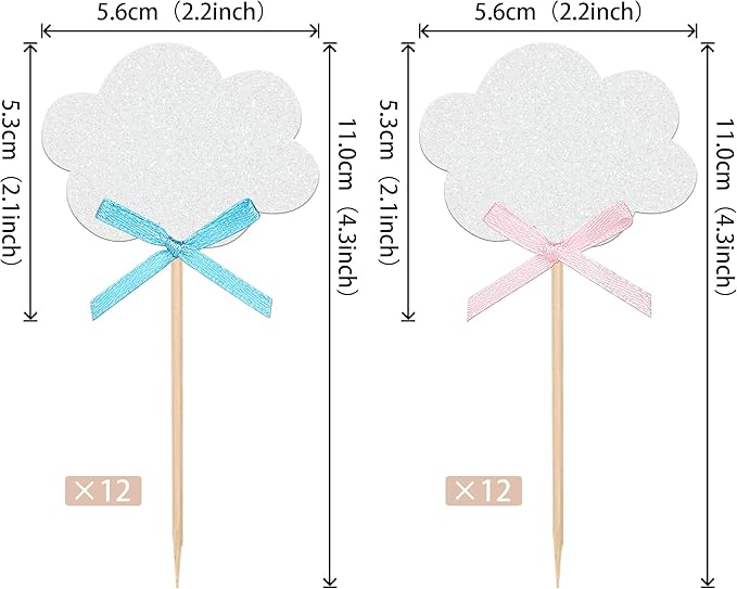 24 PCS Bow Cloud Cupcake Toppers Glitter Cloud Boy or Girl Cupcake Picks Gender Reveal Party Decorations for Baby Shower Birthday Wedding Party Cake Decorations Supplies Blue Pink