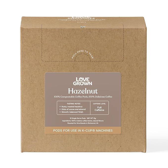 Love Grown Compostable Coffee Pods - Compatible with Single-Serve Brewing Machines - 100% Arabica Beans, Plastic-Free, Gluten-Free, Non-GMO -Hazelnut, Box of 15