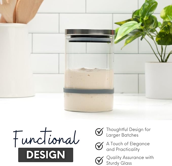 Alvina Collection Sourdough Starter Jar Kit (34 oz) - Large Sourdough Glass Jar w/SS Steel Lid, Spatula & Tracker Band - Dishwasher Safe, Wide Mouth Sourdough - Ideal Sourdough Starter Kit Beginners